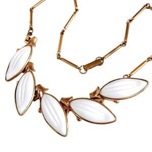 Vintage Mid Century White Glass Leaf Necklace Gold Tone Costume Jewelry